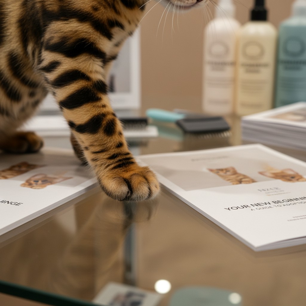 A cat with marked fur walking across a glass table with happy life instructional pamphlets.